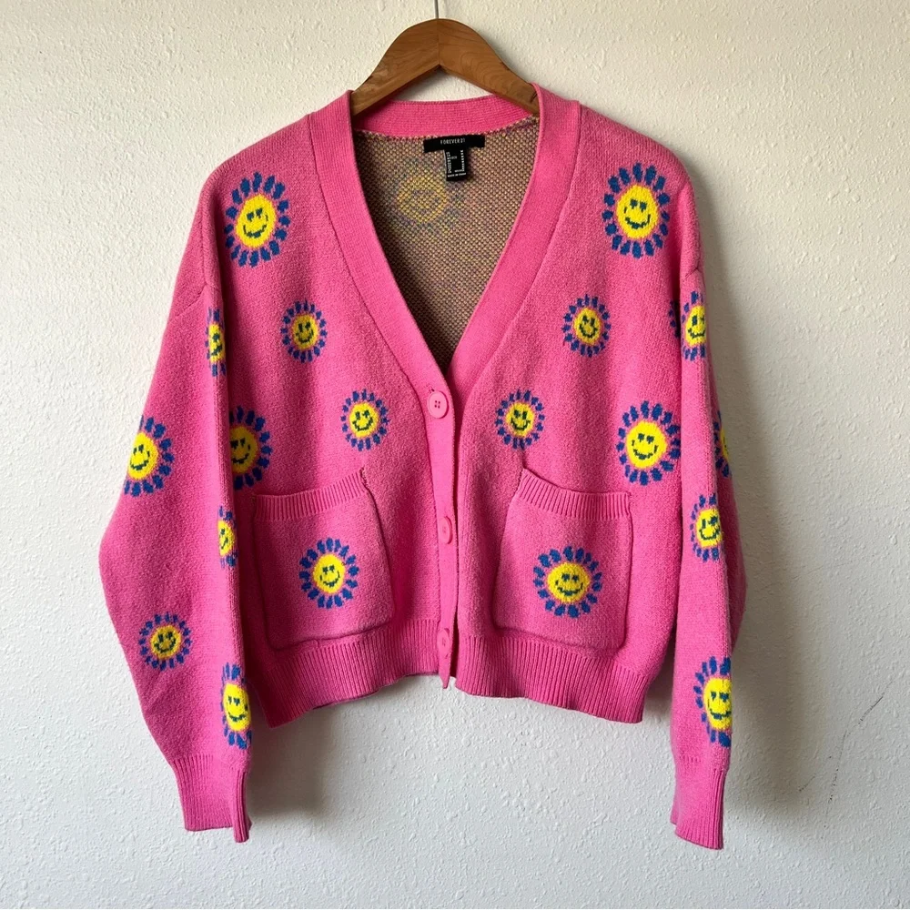 Forever 21 Pink Floral Smiley Cardigan M